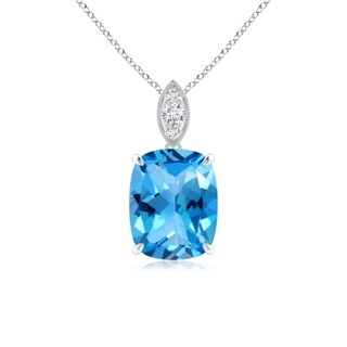 9x7mm AAAA Cushion Swiss Blue Topaz Pendant with Diamond Leaf Bale in P950 Platinum