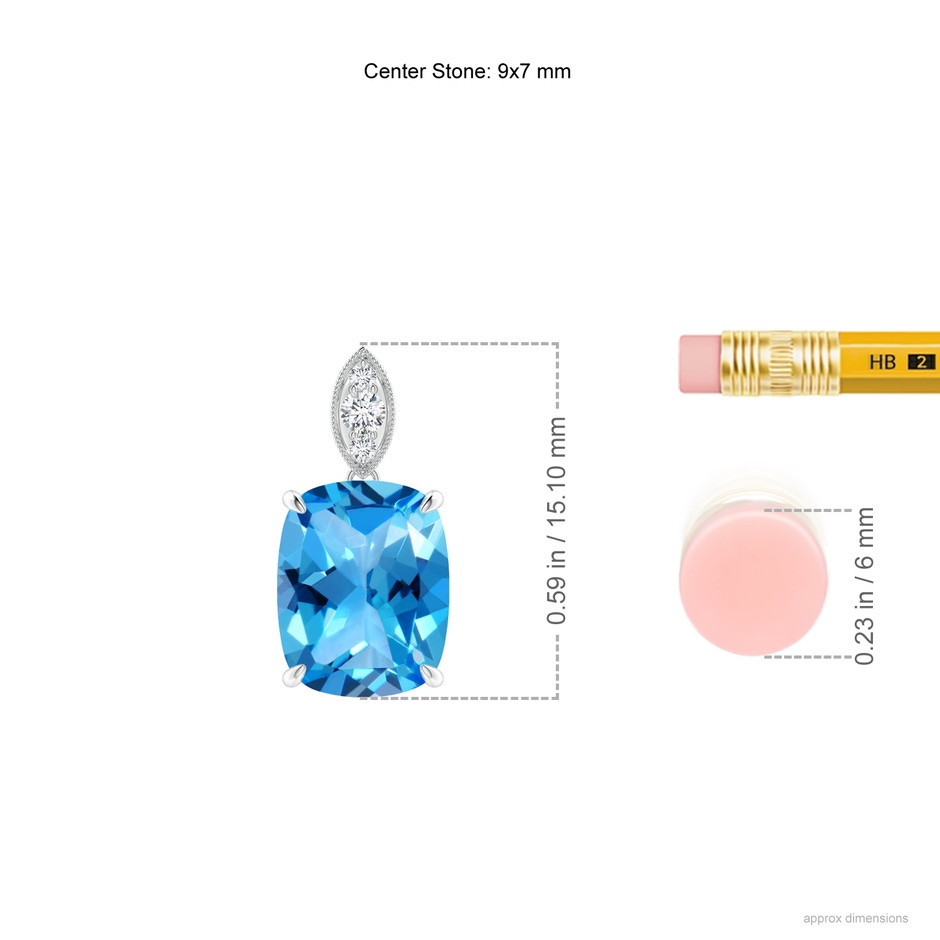 9x7mm AAAA Cushion Swiss Blue Topaz Pendant with Diamond Leaf Bale in P950 Platinum ruler