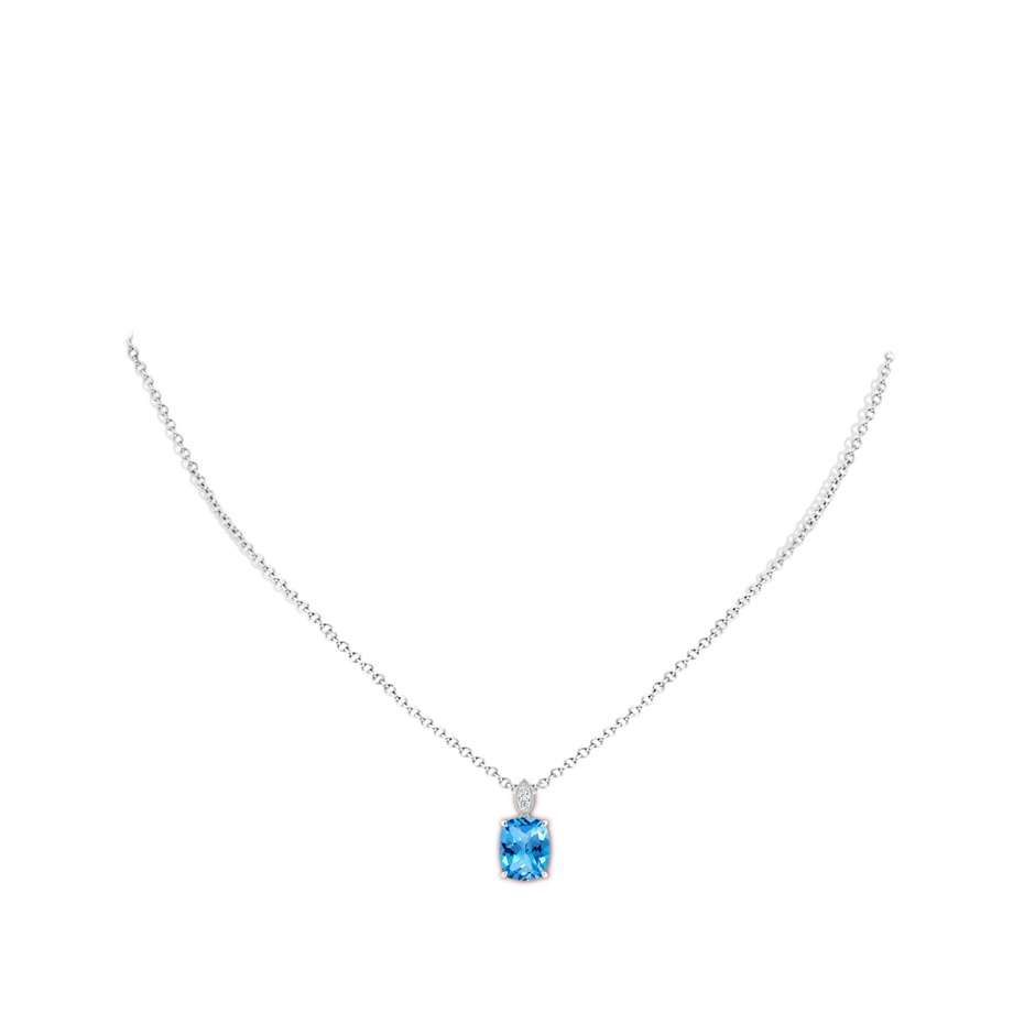 9x7mm AAAA Cushion Swiss Blue Topaz Pendant with Diamond Leaf Bale in P950 Platinum body-neck