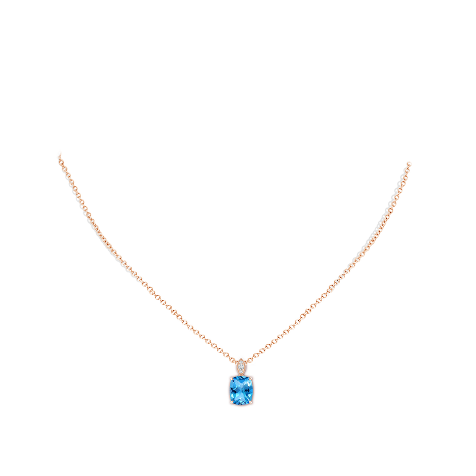 9x7mm AAAA Cushion Swiss Blue Topaz Pendant with Diamond Leaf Bale in Rose Gold body-neck