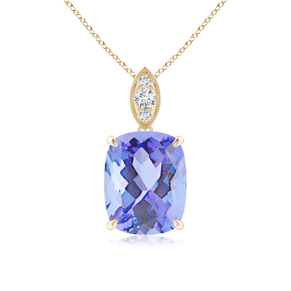 10x8mm A Cushion Tanzanite Pendant with Diamond Leaf Bale in Yellow Gold 