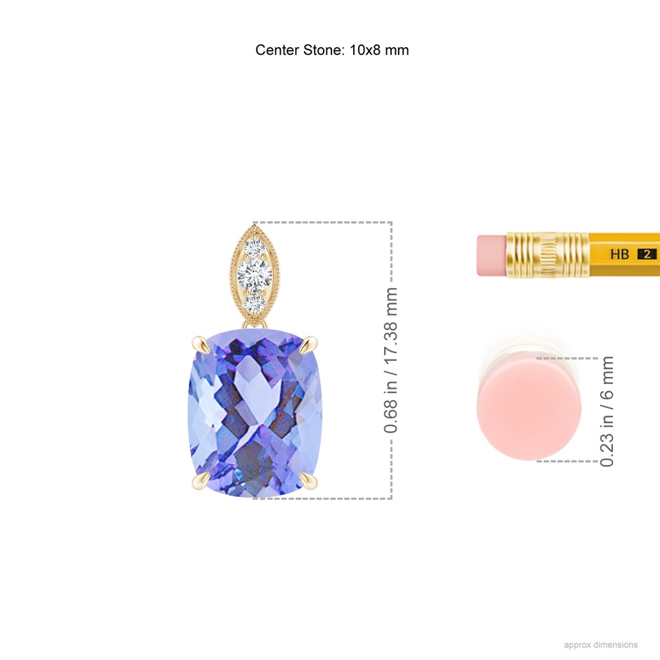 10x8mm A Cushion Tanzanite Pendant with Diamond Leaf Bale in Yellow Gold ruler