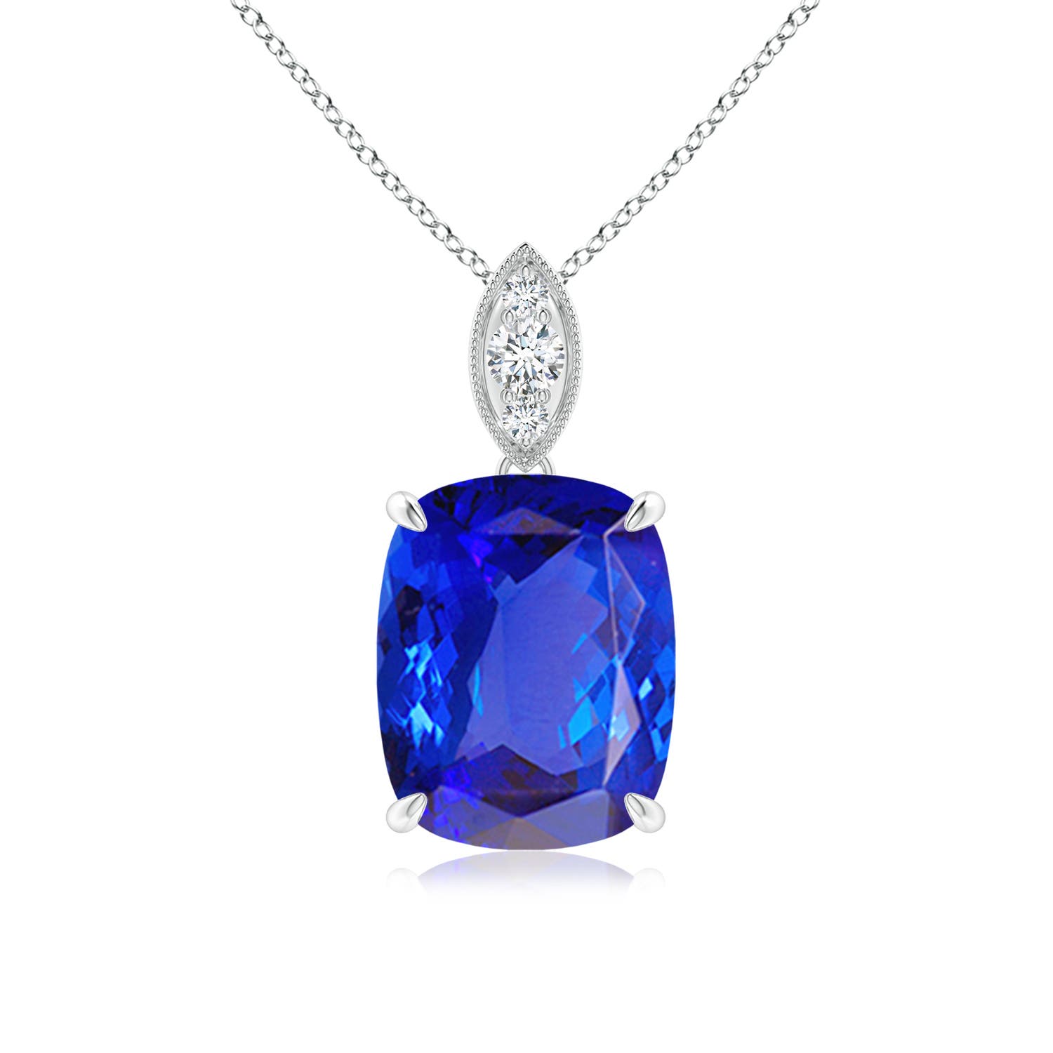 10x8mm AAA Cushion Tanzanite Pendant with Diamond Leaf Bale in P950 Platinum