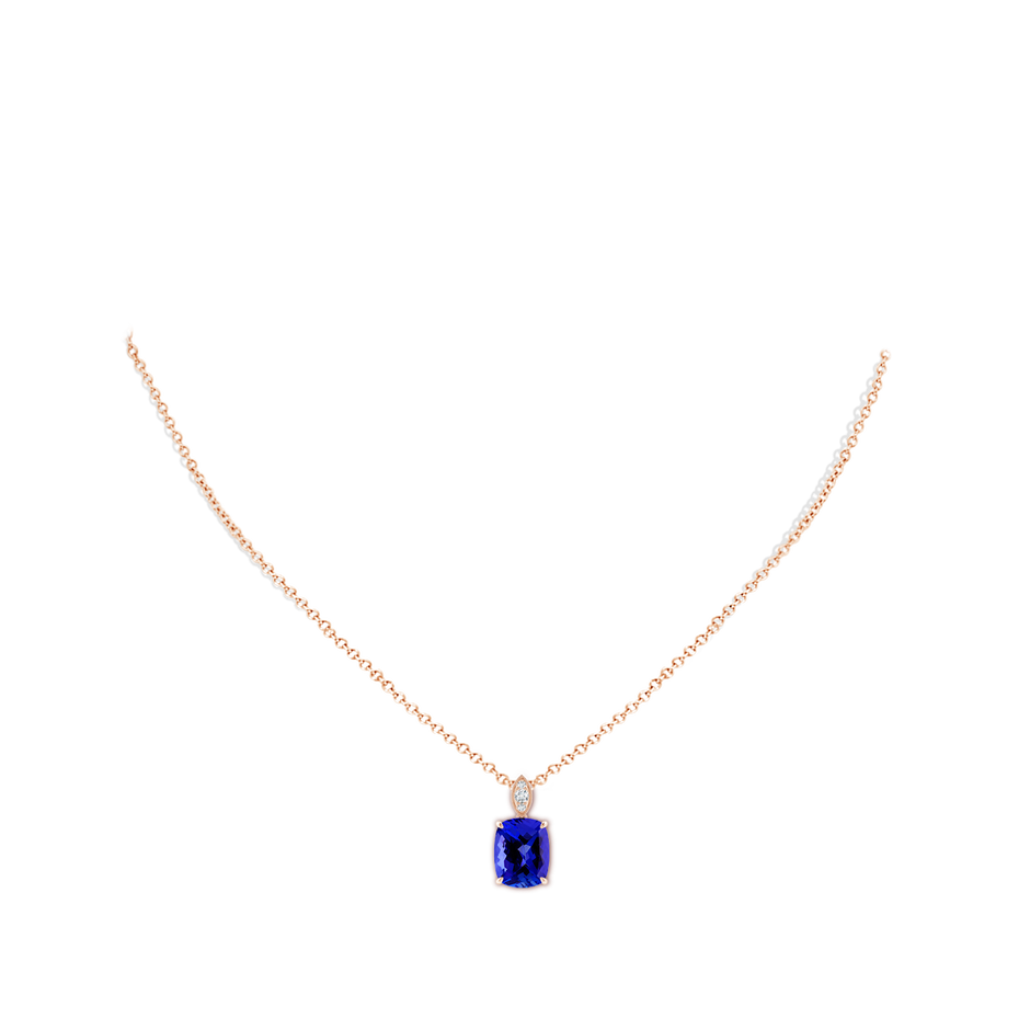10x8mm AAAA Cushion Tanzanite Pendant with Diamond Leaf Bale in Rose Gold body-neck
