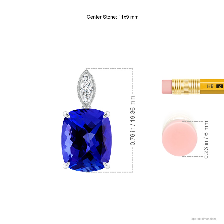 11x9mm AAAA Cushion Tanzanite Pendant with Diamond Leaf Bale in P950 Platinum ruler