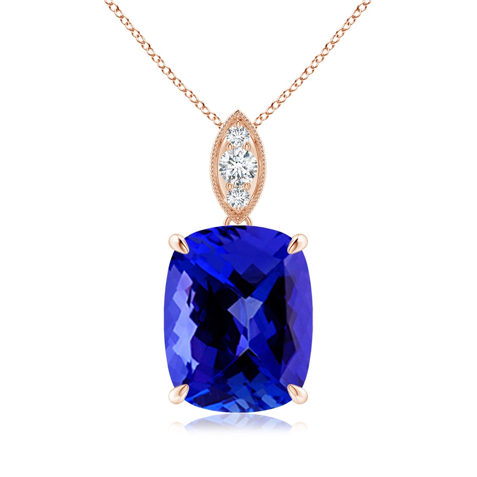 11x9mm AAAA Cushion Tanzanite Pendant with Diamond Leaf Bale in Rose Gold 