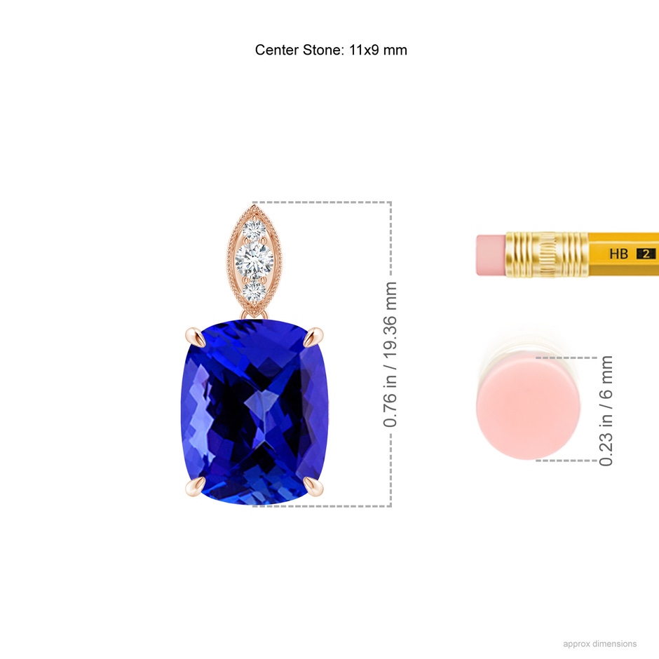11x9mm AAAA Cushion Tanzanite Pendant with Diamond Leaf Bale in Rose Gold ruler