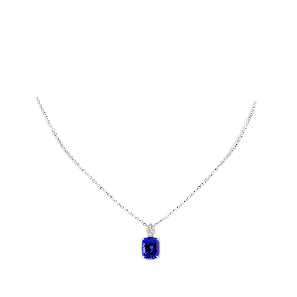 11x9mm AAAA Cushion Tanzanite Pendant with Diamond Leaf Bale in White Gold Body-Neck
