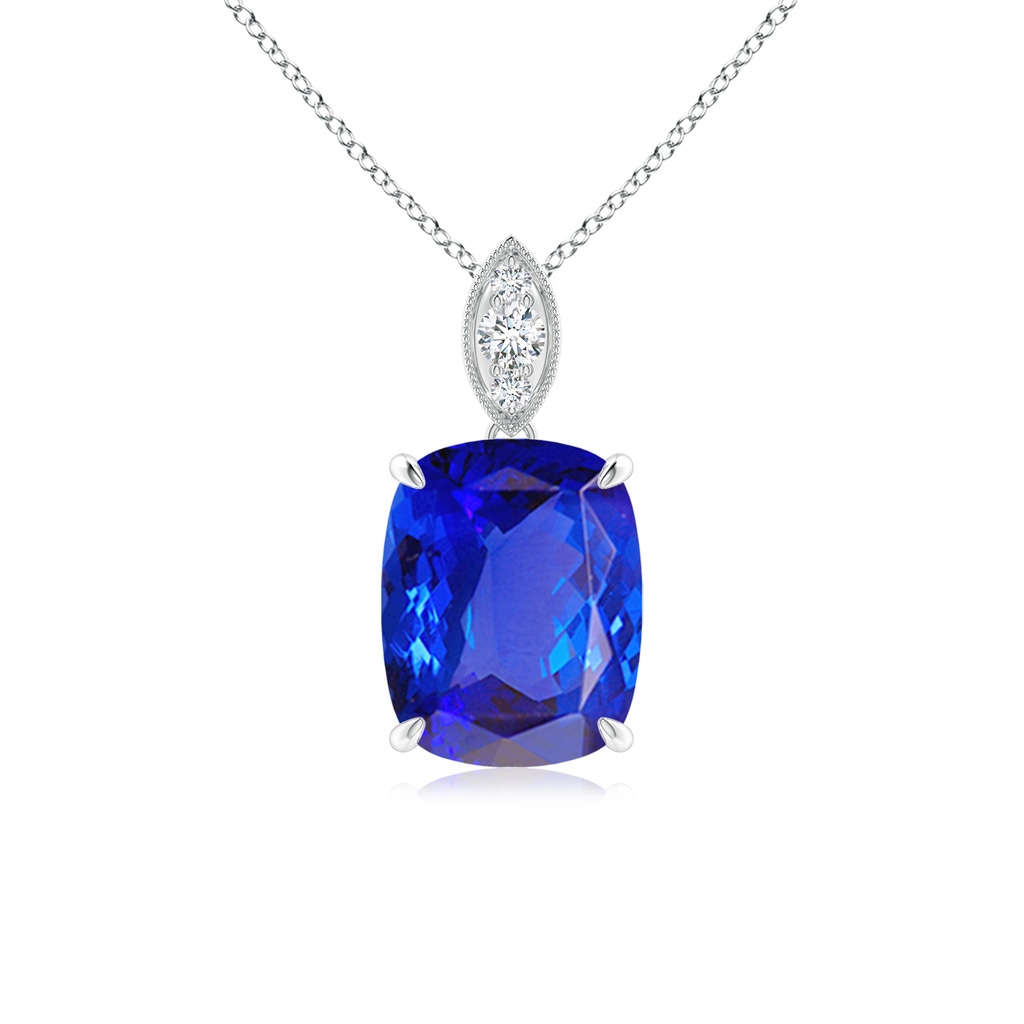 9x7mm AAA Cushion Tanzanite Pendant with Diamond Leaf Bale in White Gold