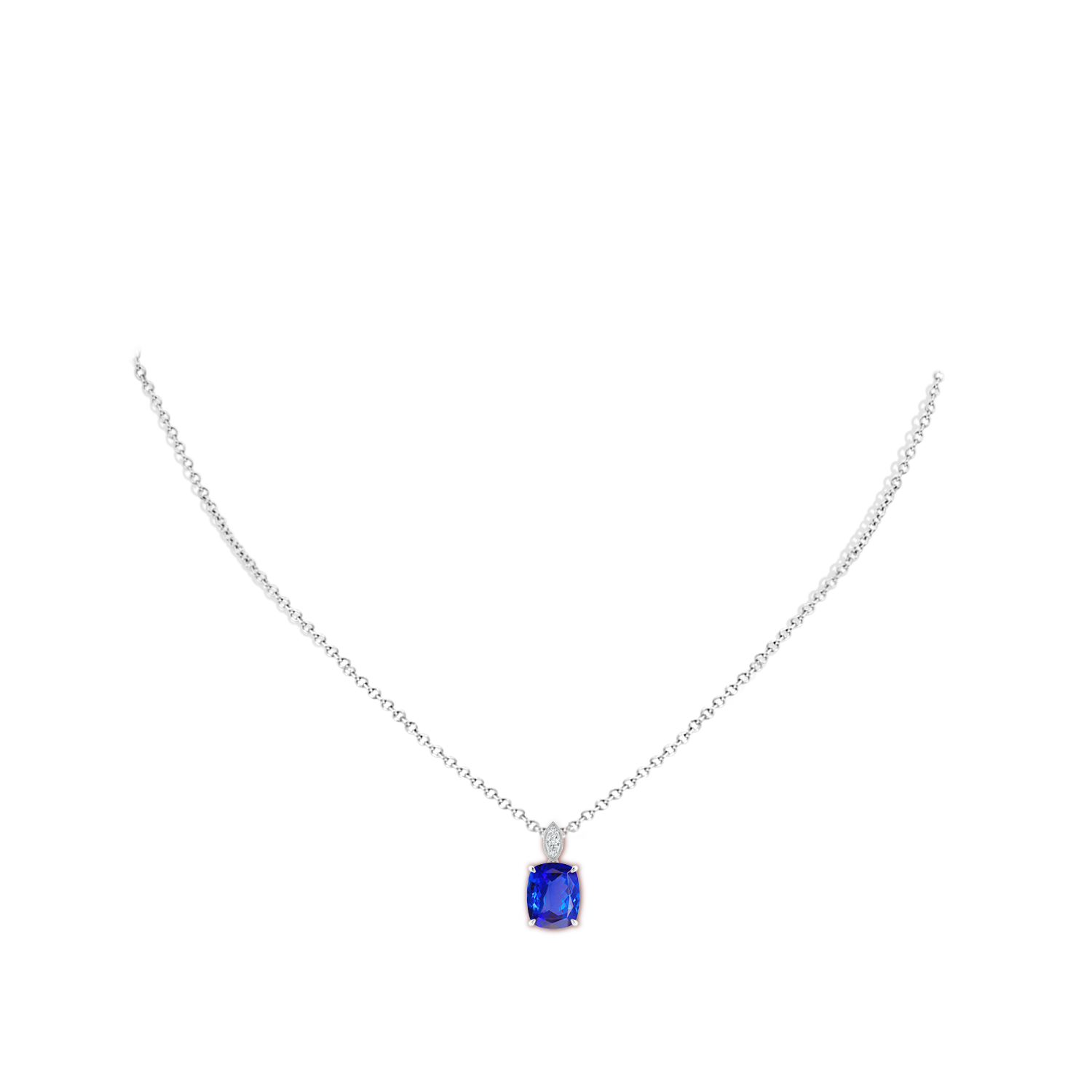 9x7mm AAA Cushion Tanzanite Pendant with Diamond Leaf Bale in White Gold - body_neck