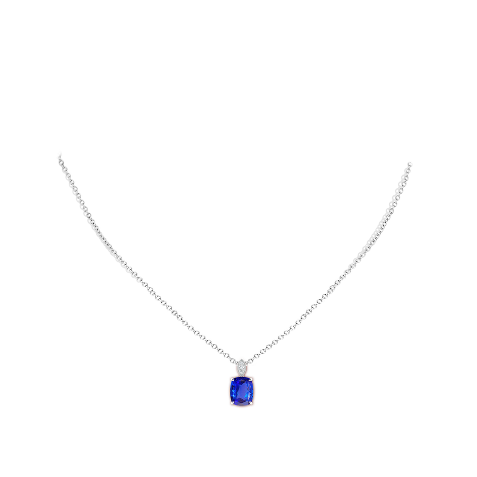 9x7mm AAA Cushion Tanzanite Pendant with Diamond Leaf Bale in White Gold body-neck