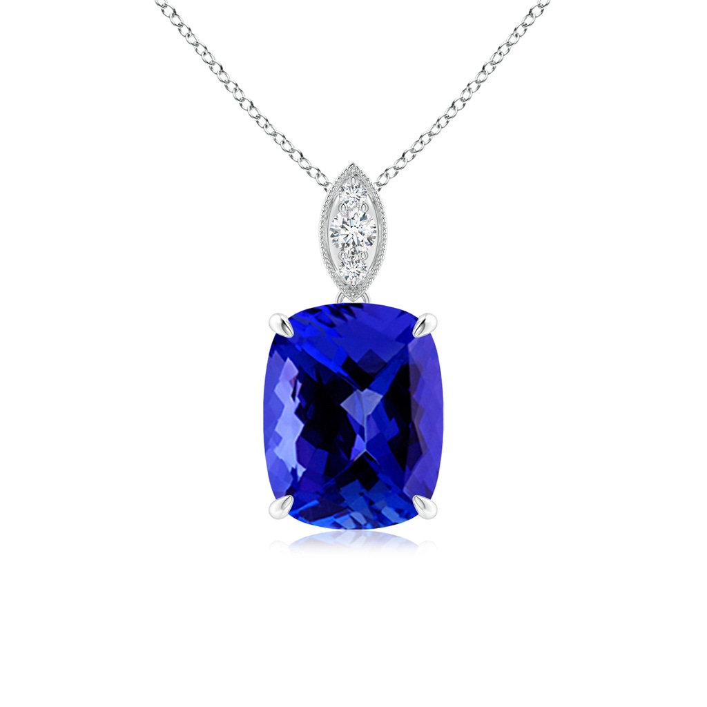 9x7mm AAAA Cushion Tanzanite Pendant with Diamond Leaf Bale in White Gold