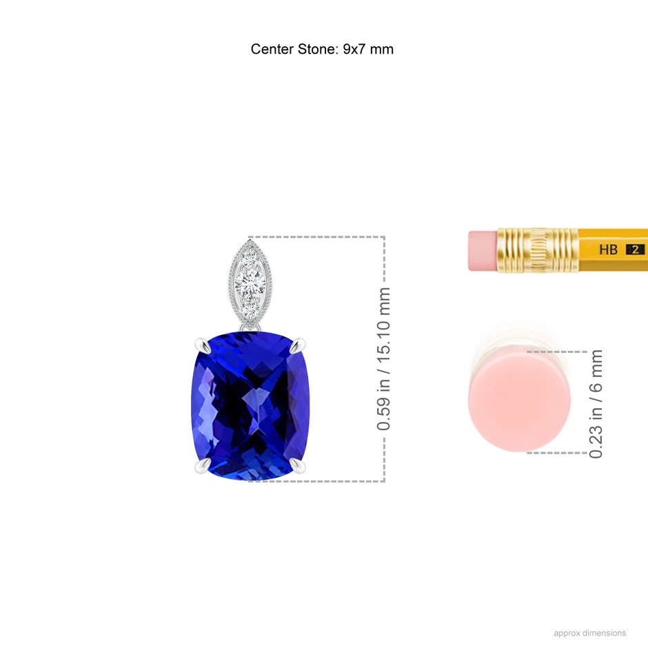 9x7mm AAAA Cushion Tanzanite Pendant with Diamond Leaf Bale in White Gold ruler