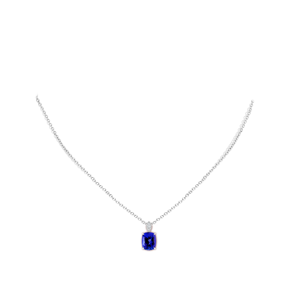 9x7mm AAAA Cushion Tanzanite Pendant with Diamond Leaf Bale in White Gold body-neck