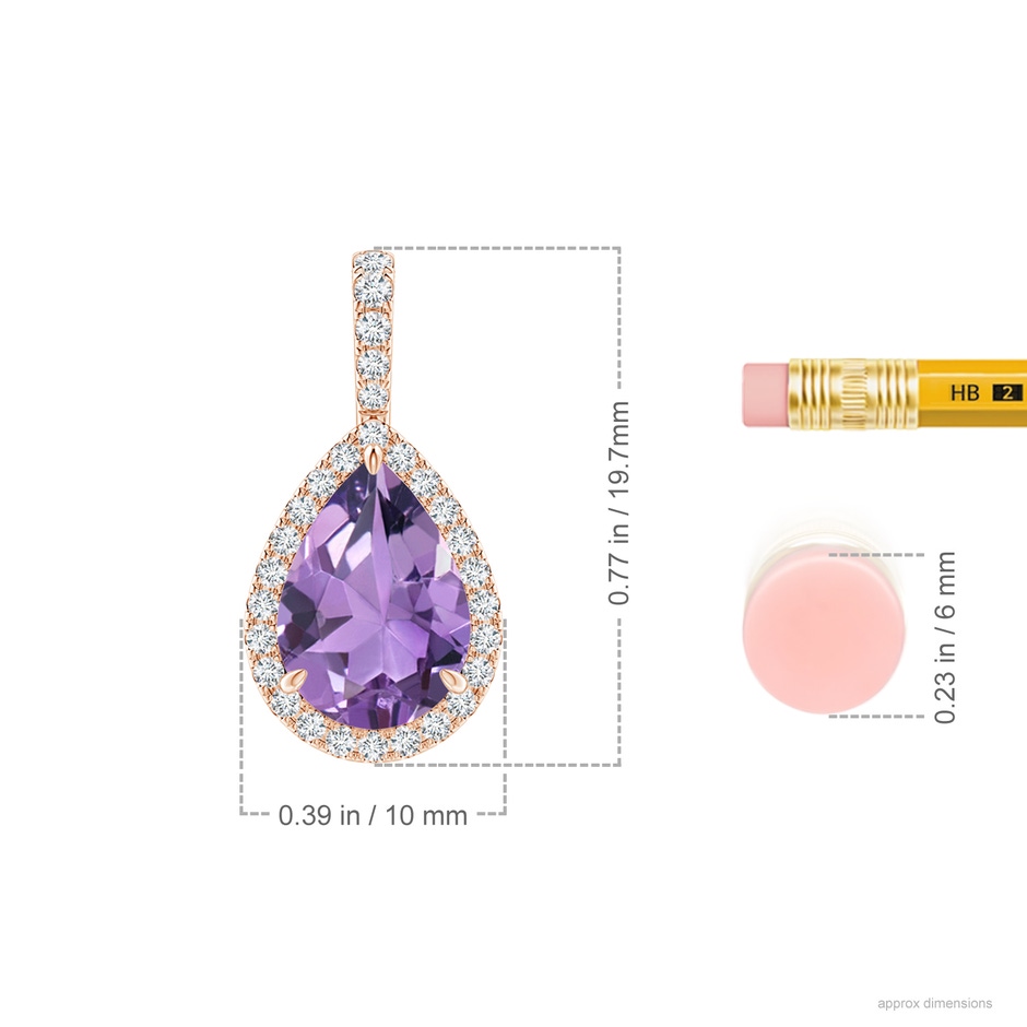10x7mm A Claw-Set Amethyst Teardrop Halo Pendant in Rose Gold ruler