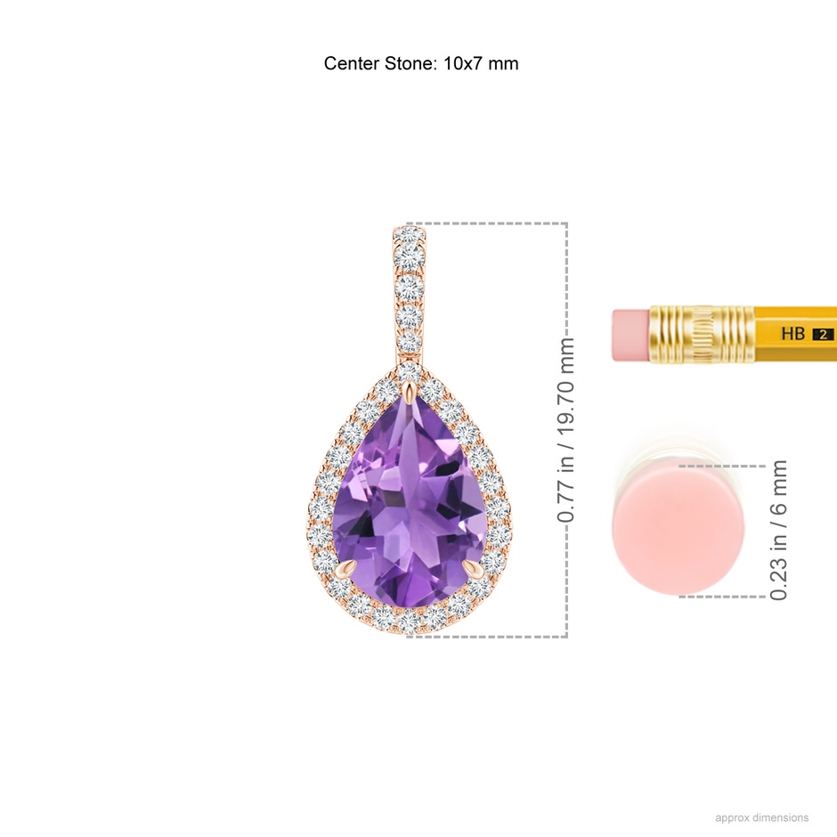 10x7mm AA Amethyst Teardrop Pendant with Diamond Halo in Rose Gold ruler