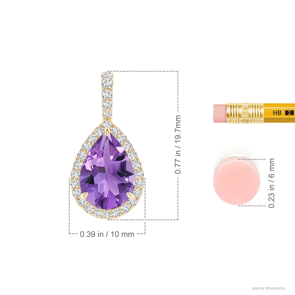 10x7mm AA Claw-Set Amethyst Teardrop Halo Pendant in Yellow Gold ruler