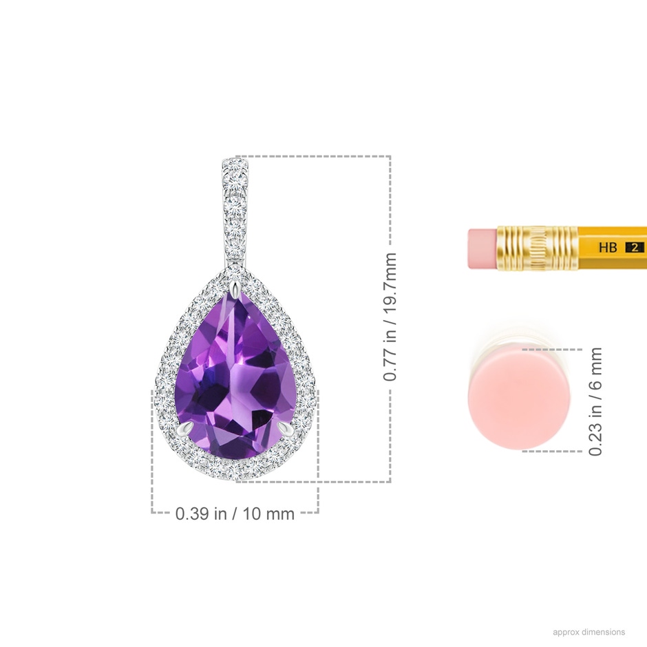10x7mm AAA Claw-Set Amethyst Teardrop Halo Pendant in White Gold ruler