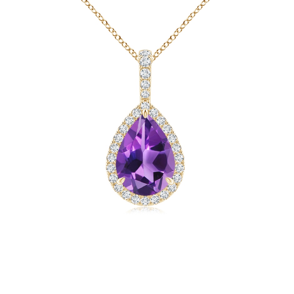 10x7mm AAA Claw-Set Amethyst Teardrop Halo Pendant in Yellow Gold 
