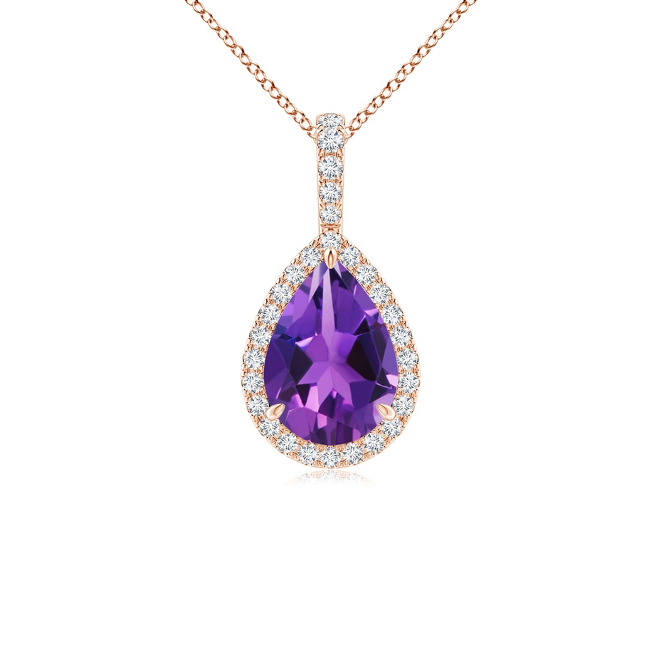 10x7mm AAAA Claw-Set Amethyst Teardrop Halo Pendant in Rose Gold 