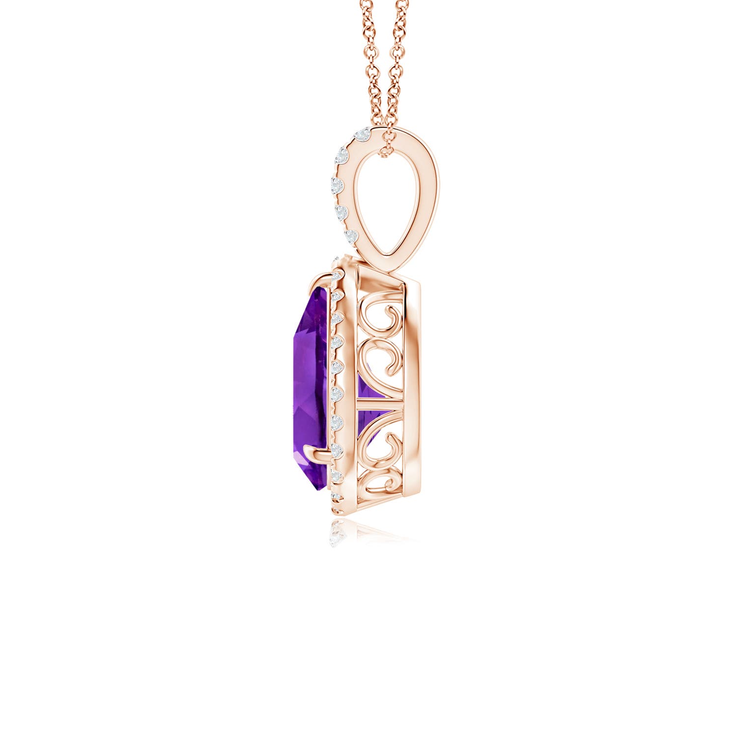 10x7mm AAAA Claw-Set Amethyst Teardrop Halo Pendant in Rose Gold