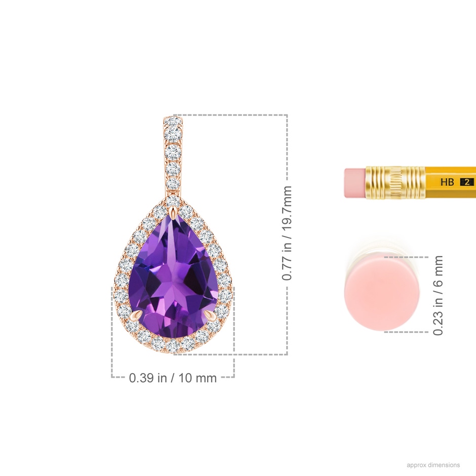 10x7mm AAAA Claw-Set Amethyst Teardrop Halo Pendant in Rose Gold ruler