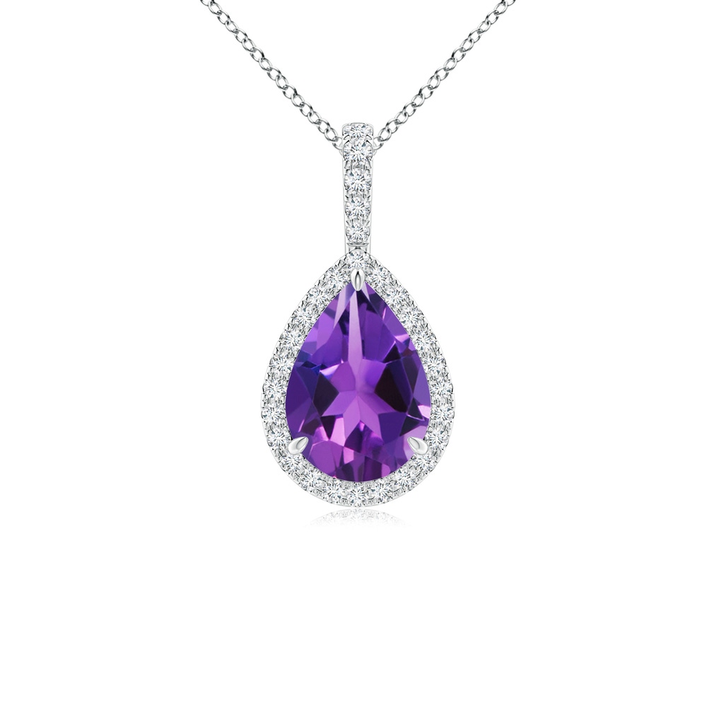 10x7mm AAAA Amethyst Teardrop Pendant with Diamond Halo in White Gold