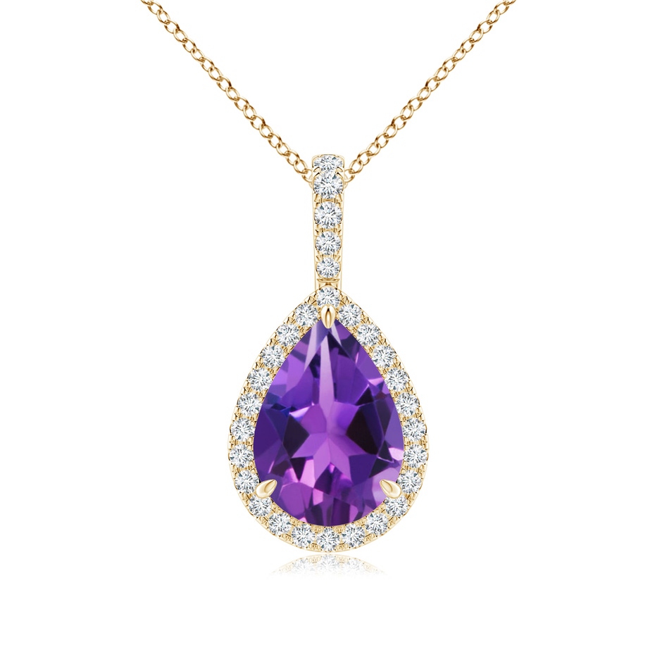 10x7mm AAAA Amethyst Teardrop Pendant with Diamond Halo in Yellow Gold 
