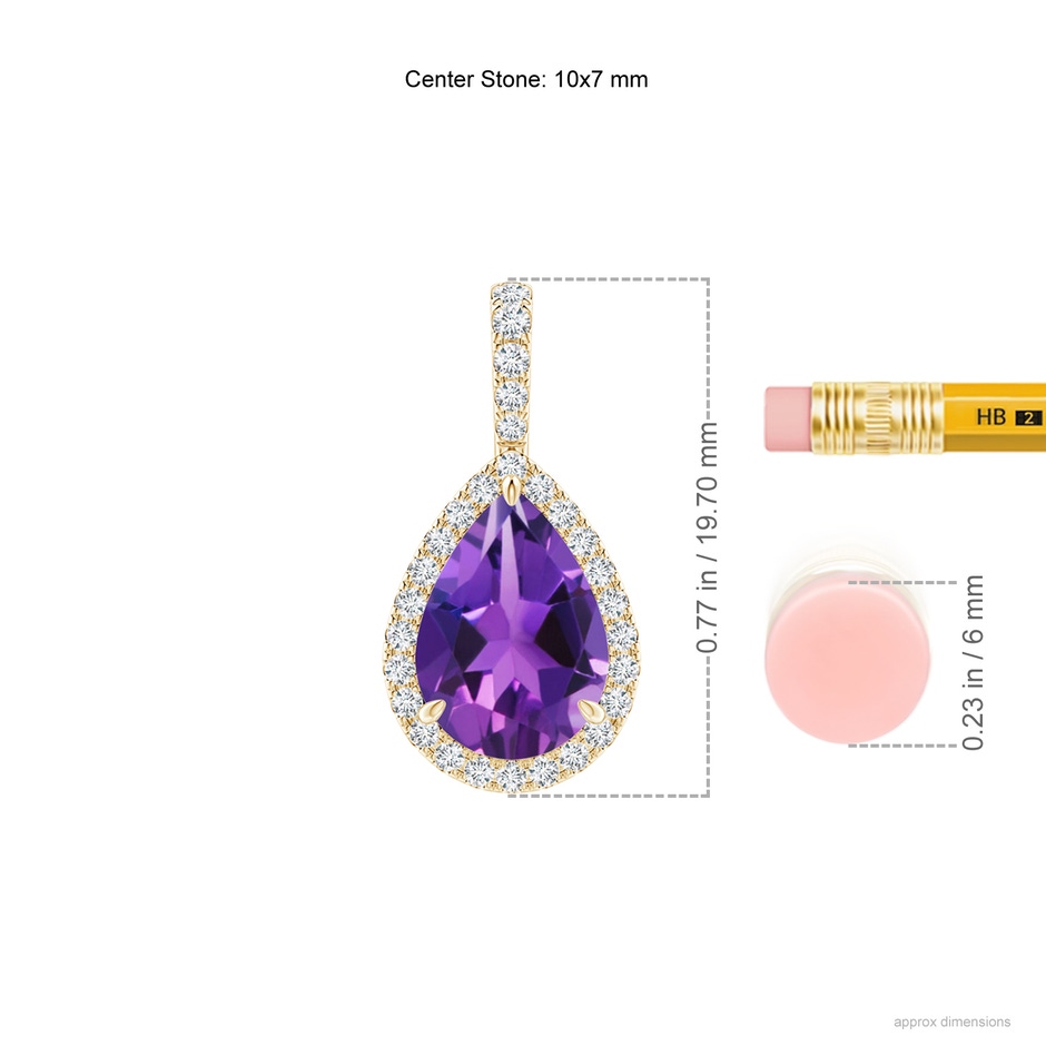 10x7mm AAAA Amethyst Teardrop Pendant with Diamond Halo in Yellow Gold ruler