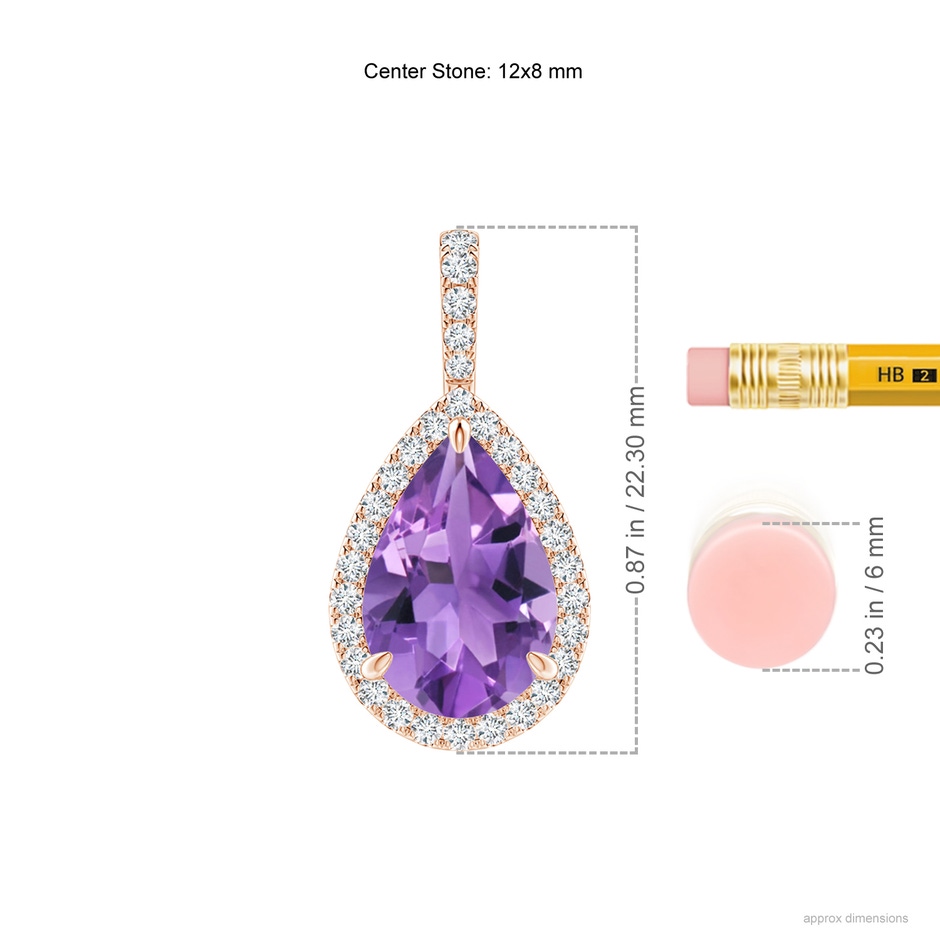 12x8mm AA Amethyst Teardrop Pendant with Diamond Halo in Rose Gold ruler