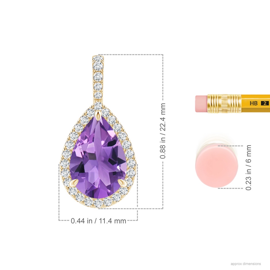 12x8mm AA Claw-Set Amethyst Teardrop Halo Pendant in Yellow Gold ruler