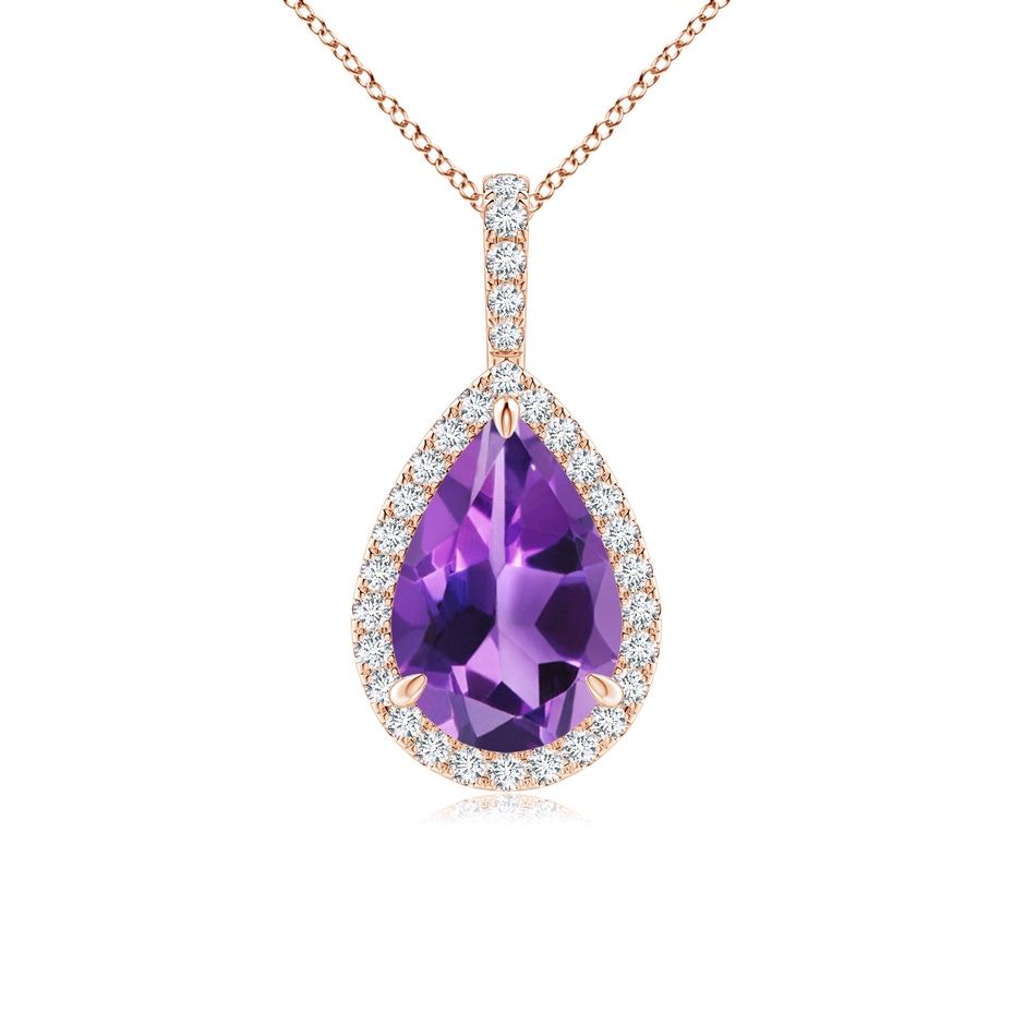 12x8mm AAA Amethyst Teardrop Pendant with Diamond Halo in Rose Gold 