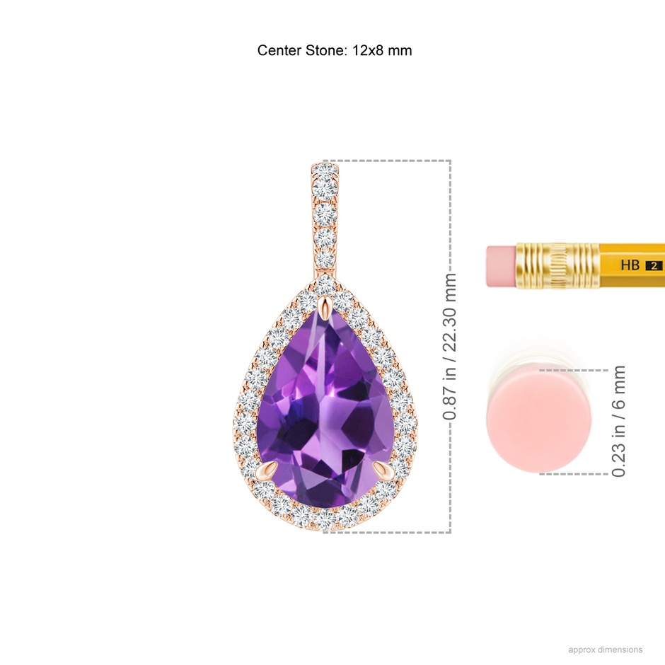 12x8mm AAA Amethyst Teardrop Pendant with Diamond Halo in Rose Gold ruler