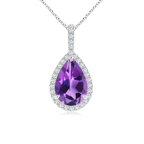 12x8mm AAA Claw-Set Amethyst Teardrop Halo Pendant in White Gold