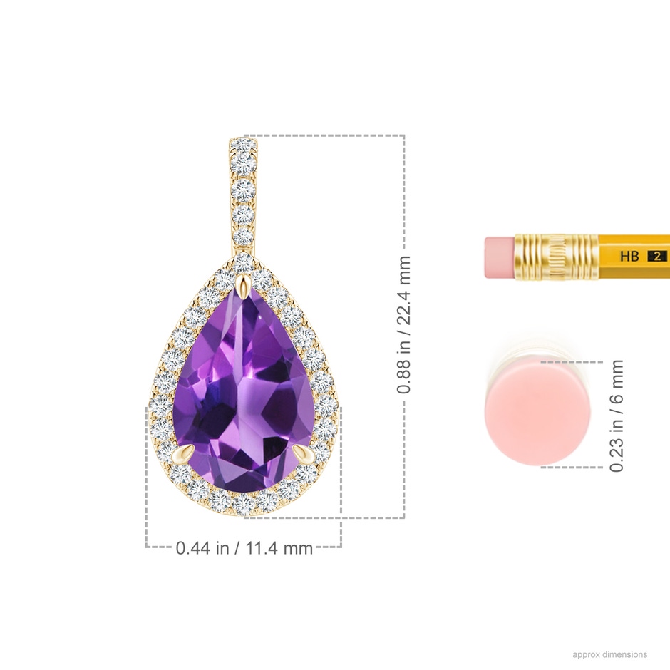 12x8mm AAA Claw-Set Amethyst Teardrop Halo Pendant in Yellow Gold ruler