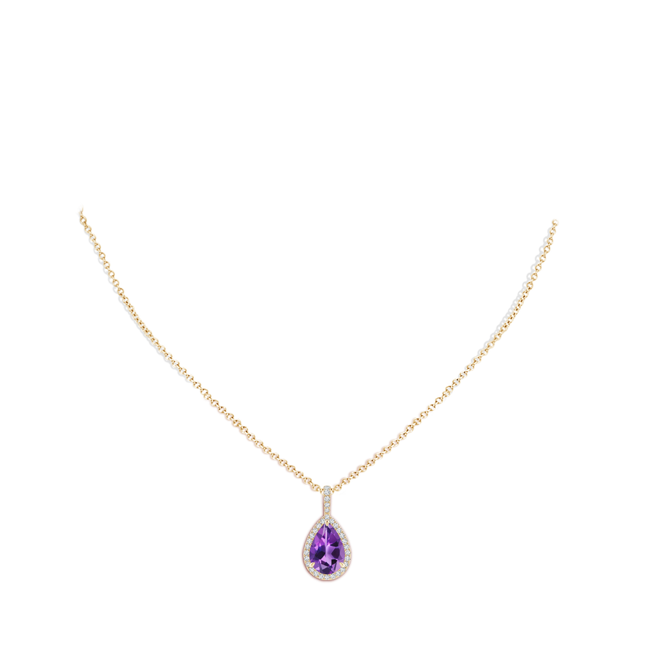 12x8mm AAA Amethyst Teardrop Pendant with Diamond Halo in Yellow Gold body-neck