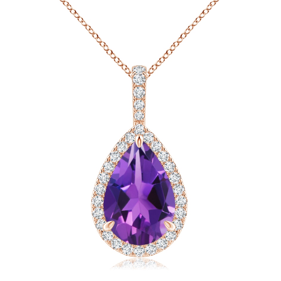 12x8mm AAAA Amethyst Teardrop Pendant with Diamond Halo in Rose Gold 