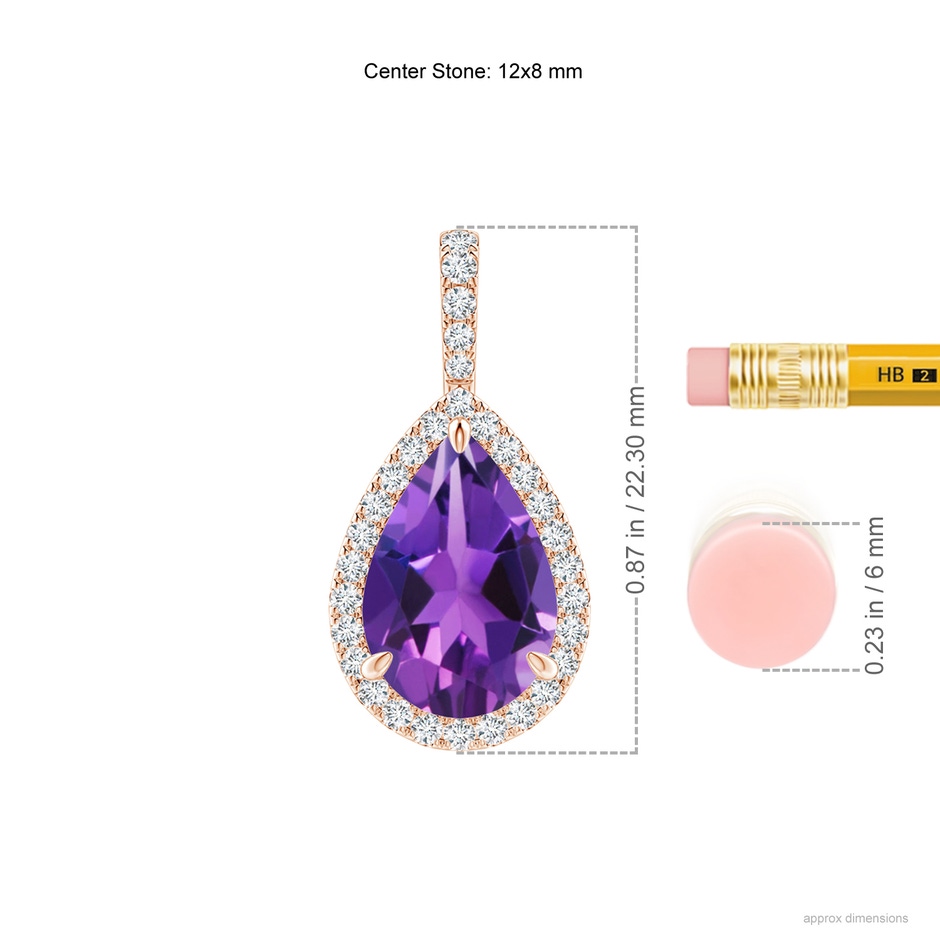 12x8mm AAAA Amethyst Teardrop Pendant with Diamond Halo in Rose Gold ruler