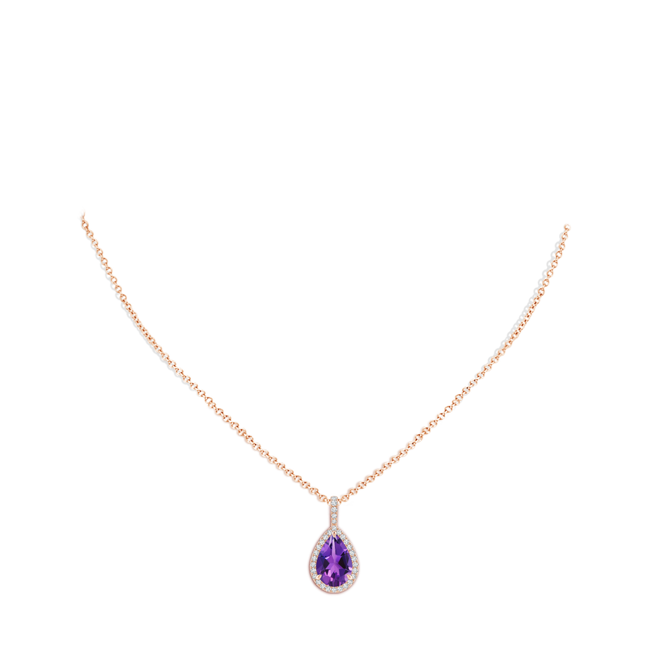 12x8mm AAAA Amethyst Teardrop Pendant with Diamond Halo in Rose Gold body-neck