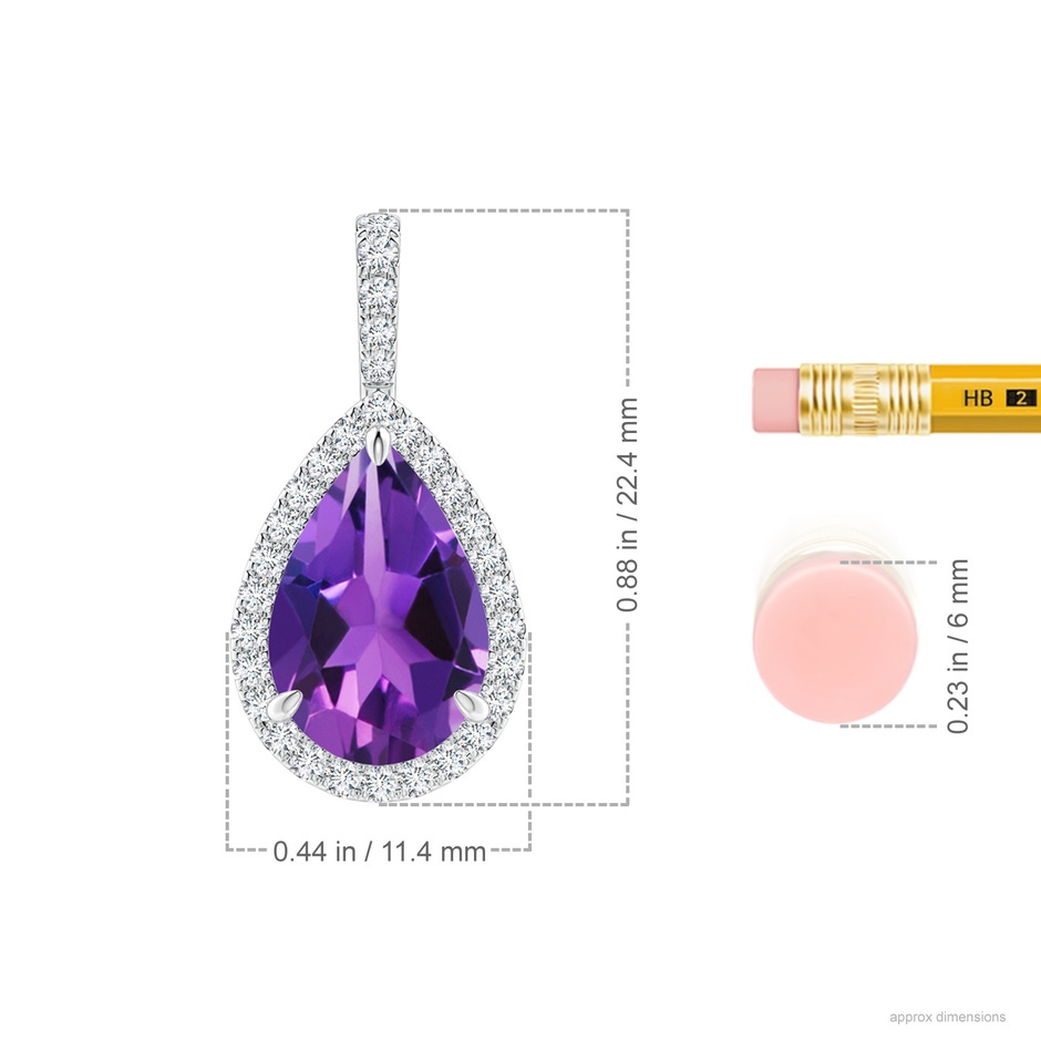 12x8mm AAAA Claw-Set Amethyst Teardrop Halo Pendant in White Gold ruler