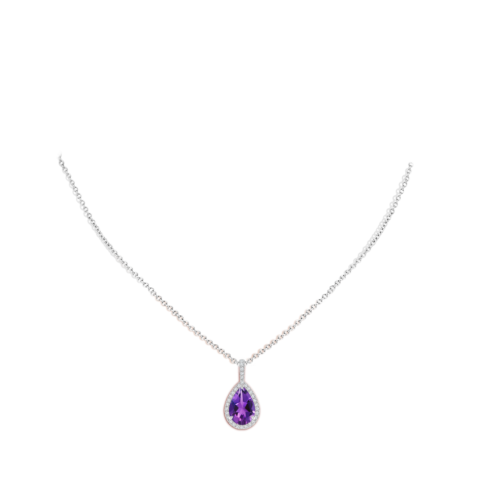 12x8mm AAAA Amethyst Teardrop Pendant with Diamond Halo in White Gold body-neck