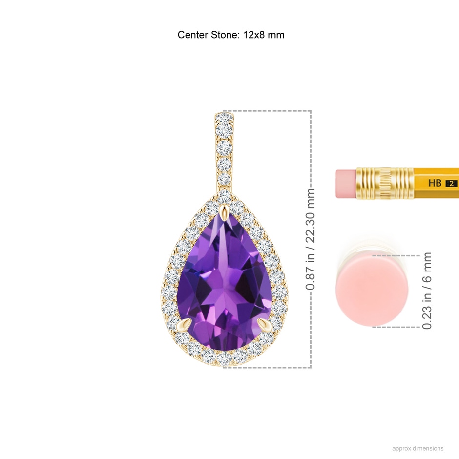 12x8mm AAAA Amethyst Teardrop Pendant with Diamond Halo in Yellow Gold ruler