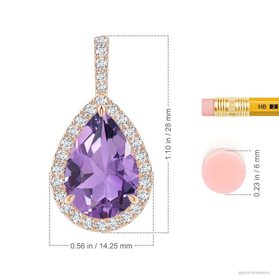 15x10mm A Claw-Set Amethyst Teardrop Halo Pendant in Rose Gold ruler