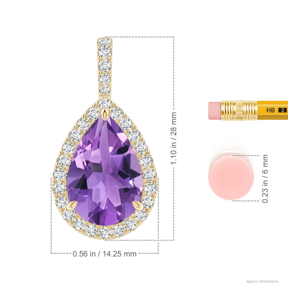 15x10mm AA Claw-Set Amethyst Teardrop Halo Pendant in Yellow Gold ruler