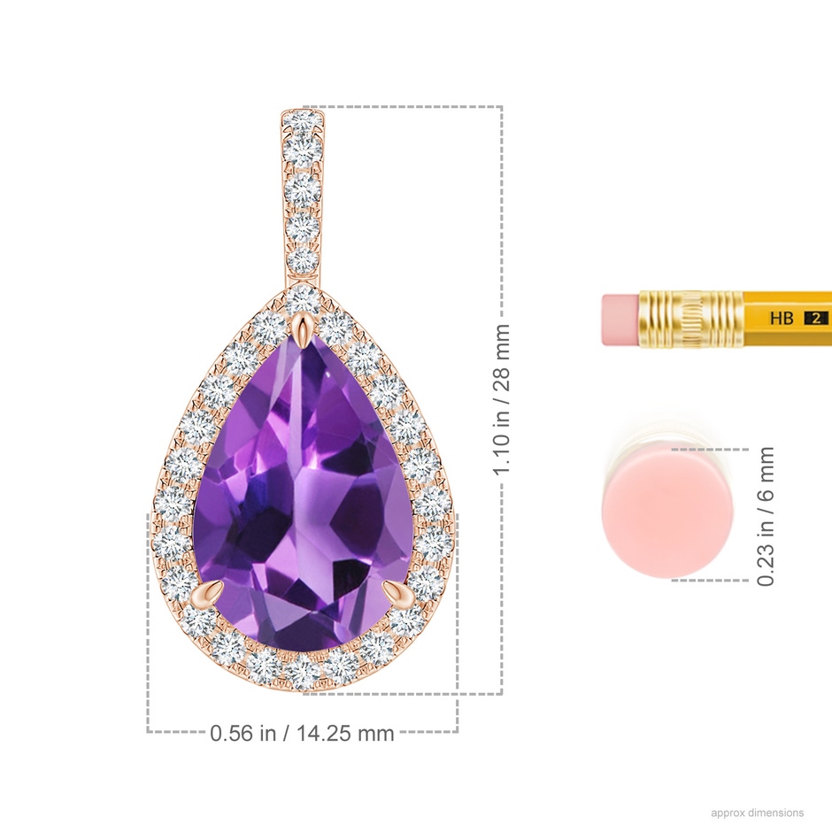 15x10mm AAA Claw-Set Amethyst Teardrop Halo Pendant in Rose Gold ruler