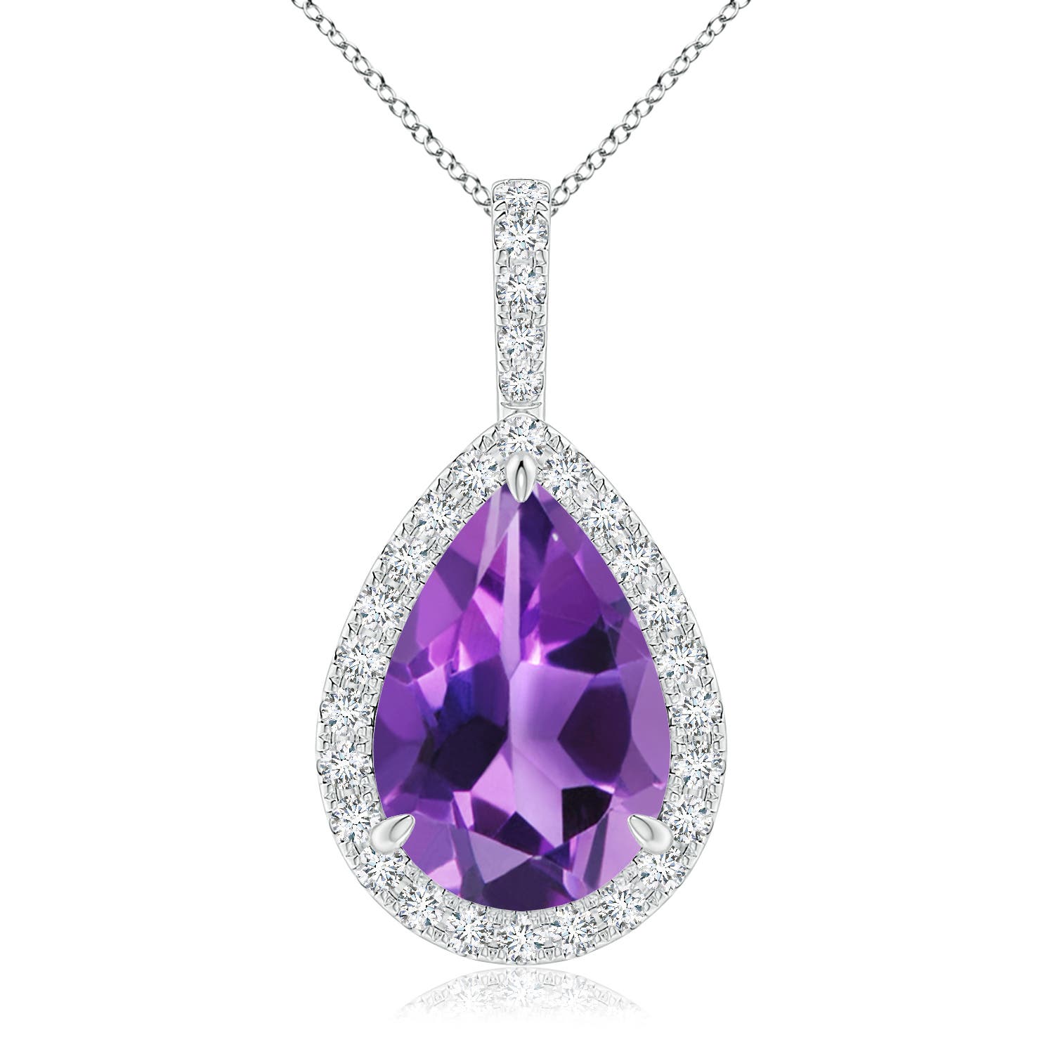15x10mm AAA Claw-Set Amethyst Teardrop Halo Pendant in White Gold