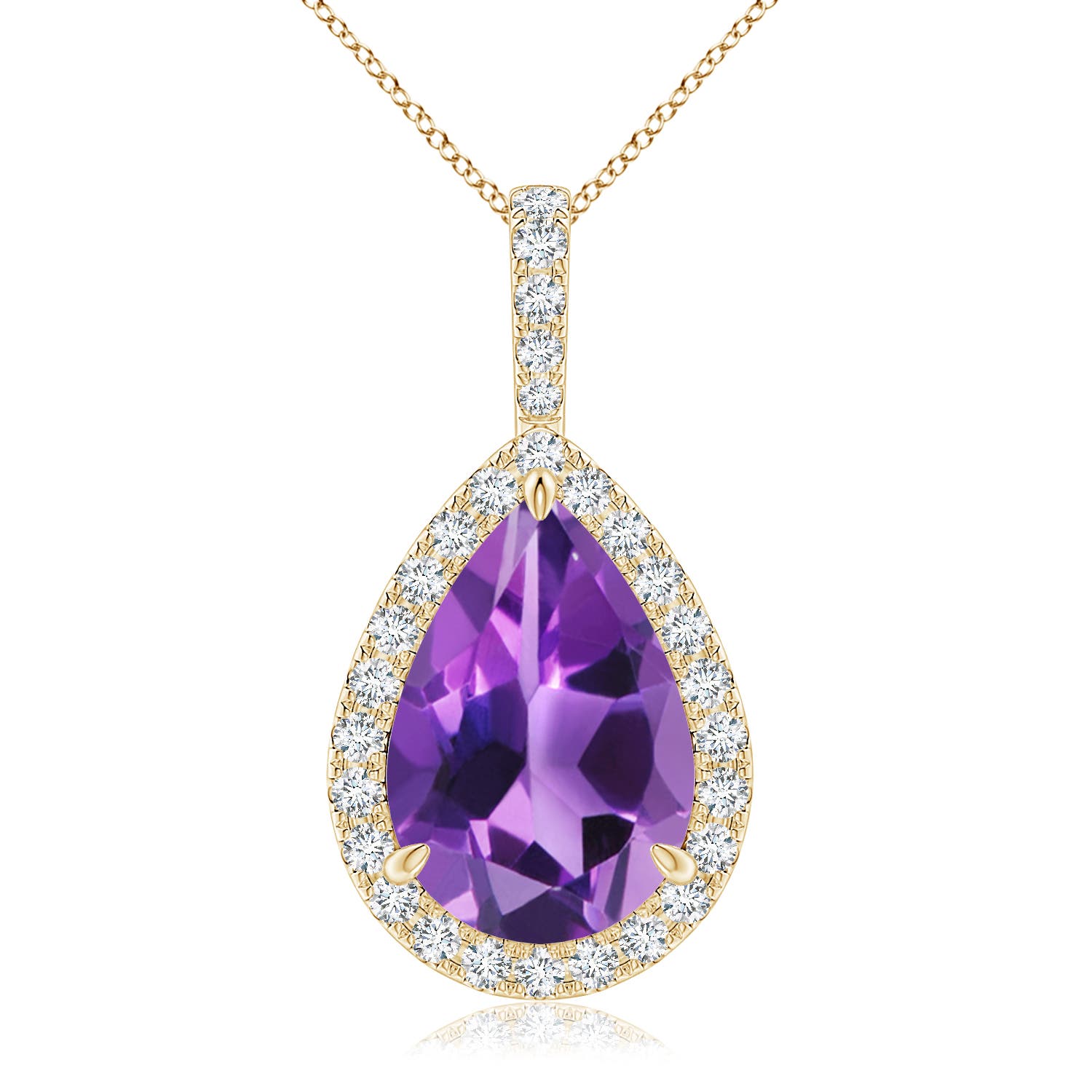 15x10mm AAA Claw-Set Amethyst Teardrop Halo Pendant in Yellow Gold