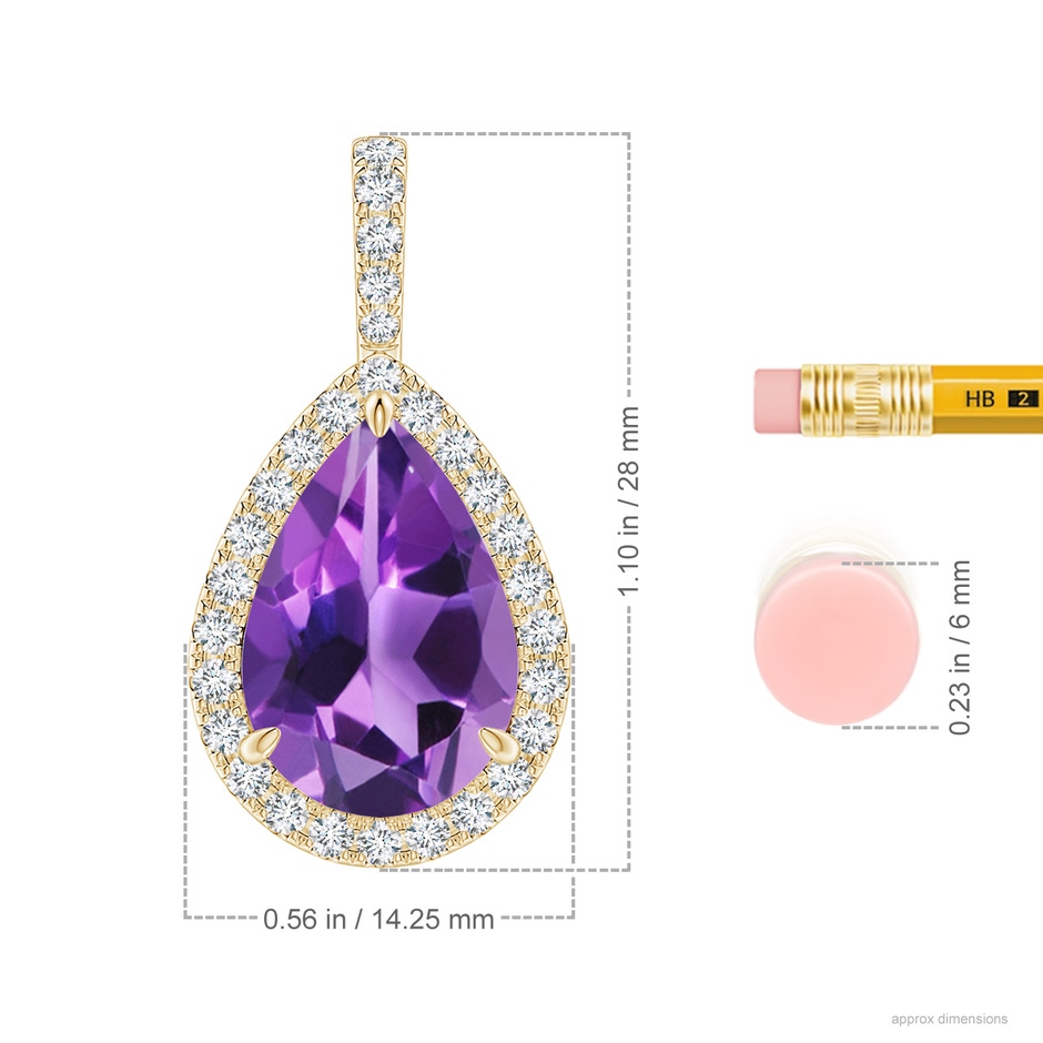 15x10mm AAA Claw-Set Amethyst Teardrop Halo Pendant in Yellow Gold ruler