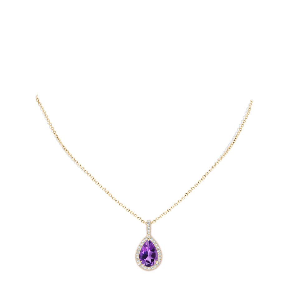 15x10mm AAA Claw-Set Amethyst Teardrop Halo Pendant in Yellow Gold pen