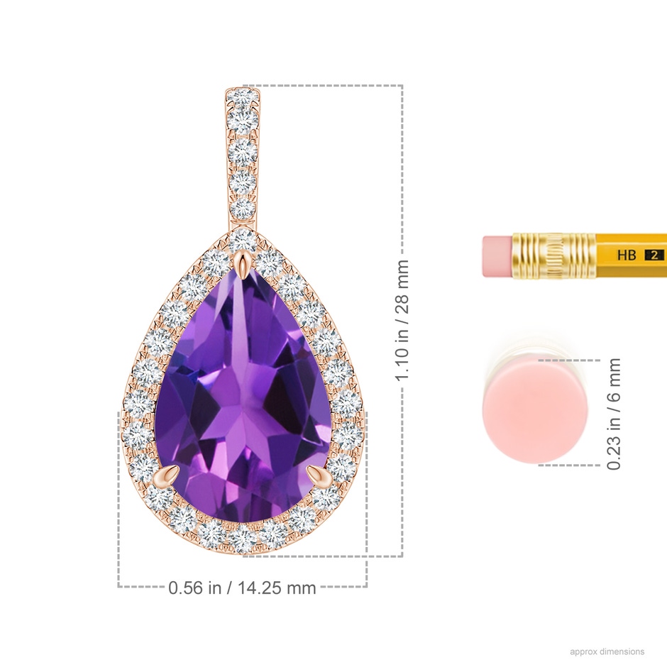 15x10mm AAAA Claw-Set Amethyst Teardrop Halo Pendant in Rose Gold ruler